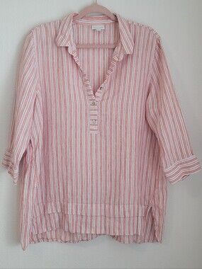 J. Jill Striped Linen Top in Peach and White Lagenlook Coastal Grandma Resort